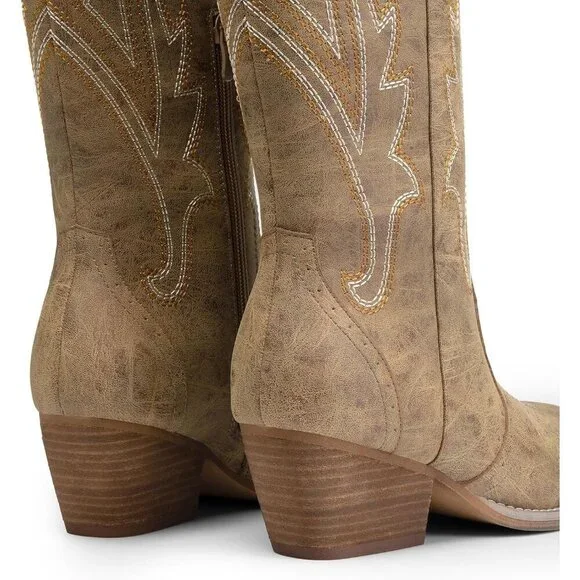 Womens Faux Leather Tan Embroidered Side Zipper Chunky Heel Retro Tall Boot - Picture 6 of 9